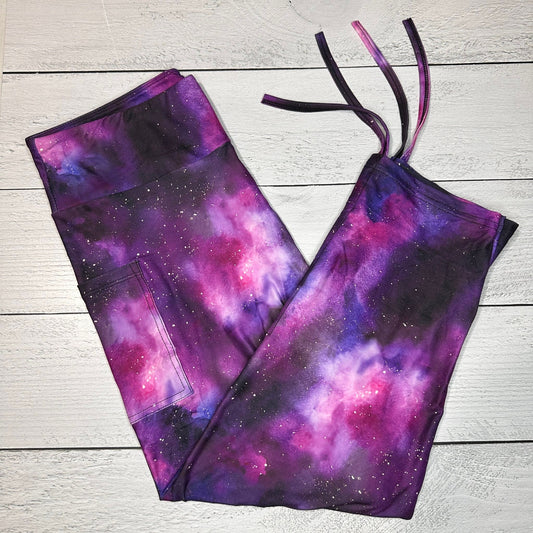 Purple Galaxy Ruched Cuff Capris with Side Pockets