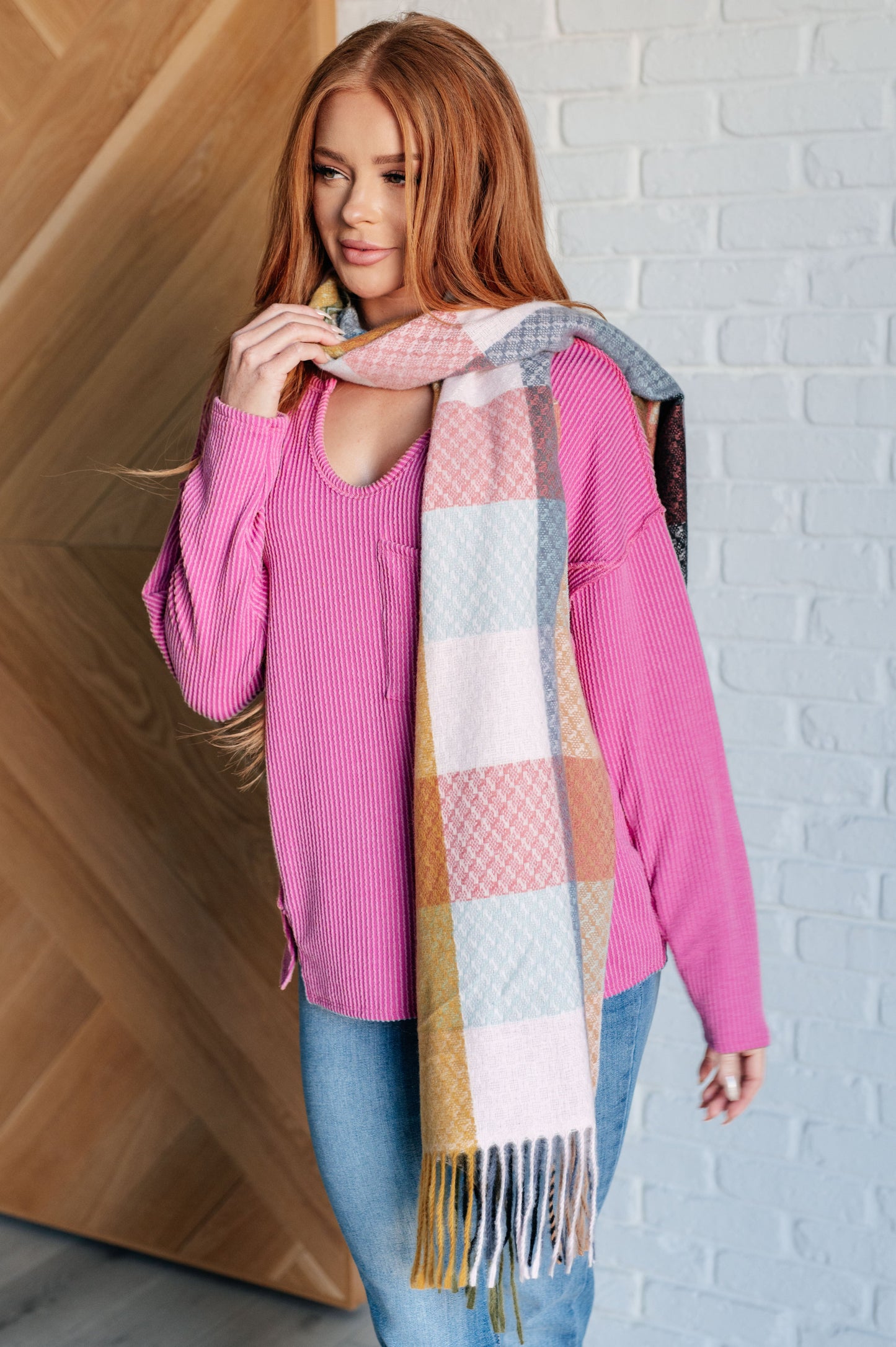Keep Me Cozy Checkered Fringe Scarf in Pine and Petals