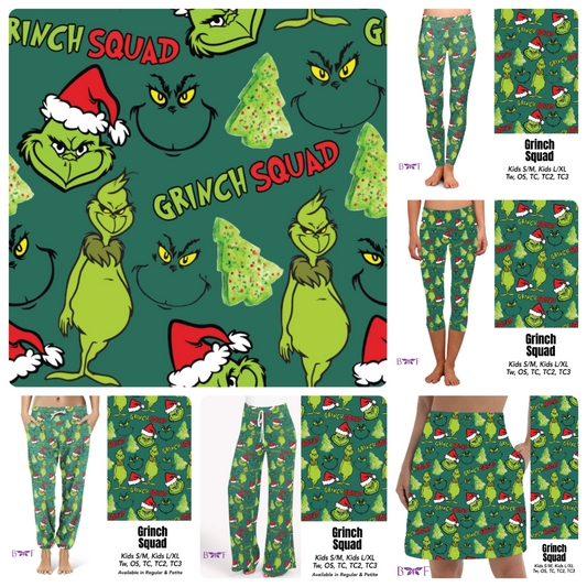 Grinch Squad leggings, kids' jogger, and skorts with pockets