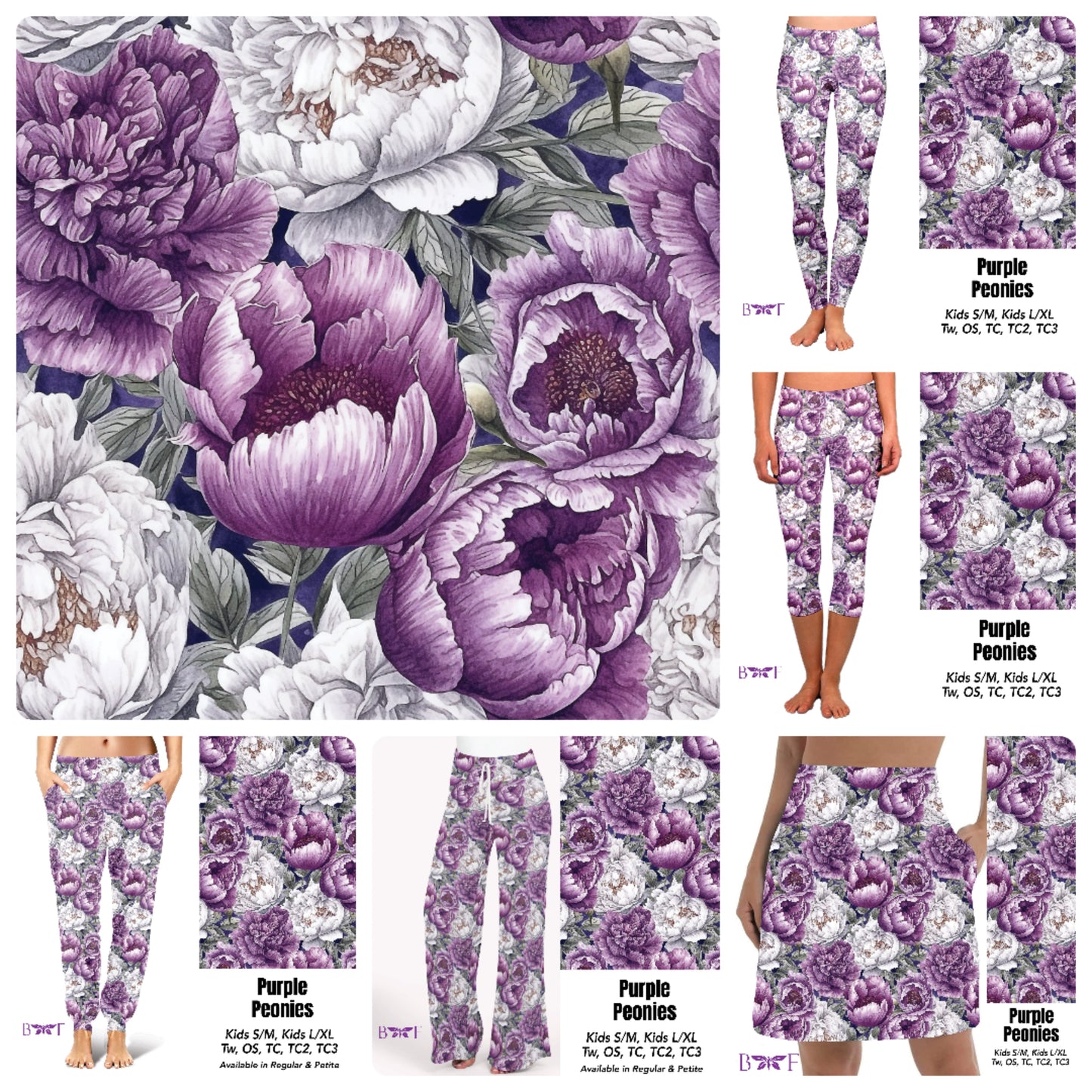 Purple Peonies capris, leggings and skorts with pockets