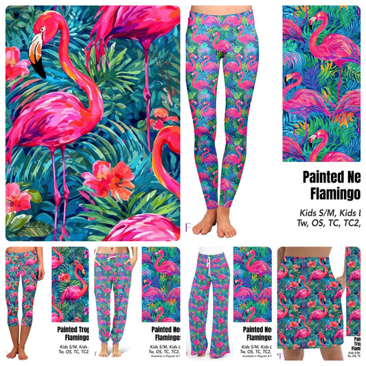 Painted Neon Flamingos leggings, capris, bike shorts, and skorts with pockets