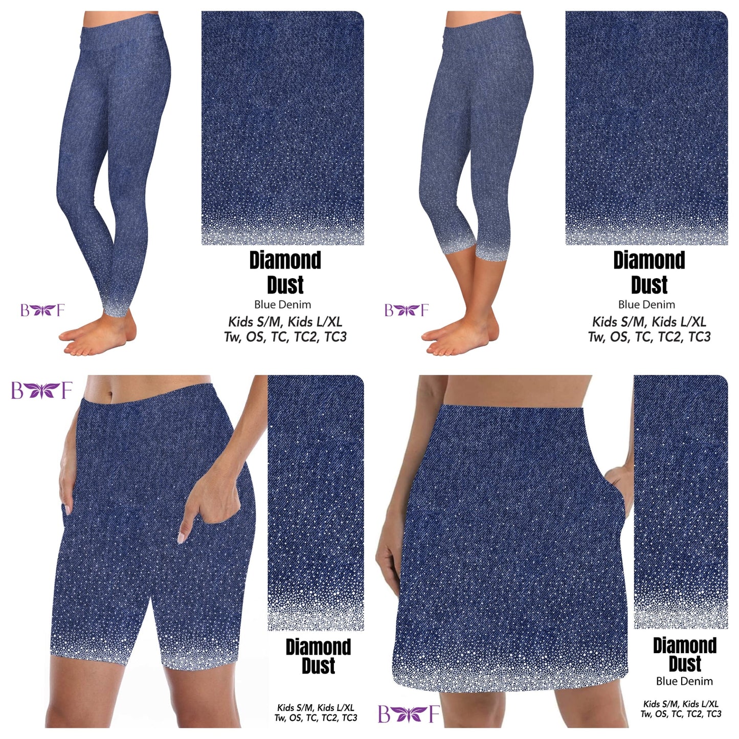 Gemstone diamond dust on faux blue denim leggings, capris and skorts