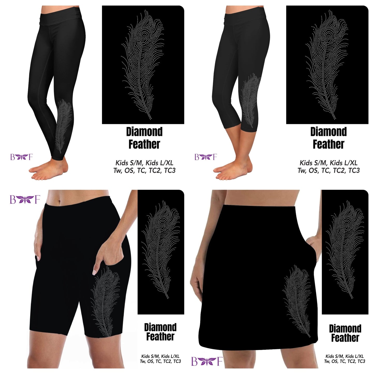 Gemstone Diamond Feather on Solid Black leggings, capris, skorts, and bike shorts REAL gemstones