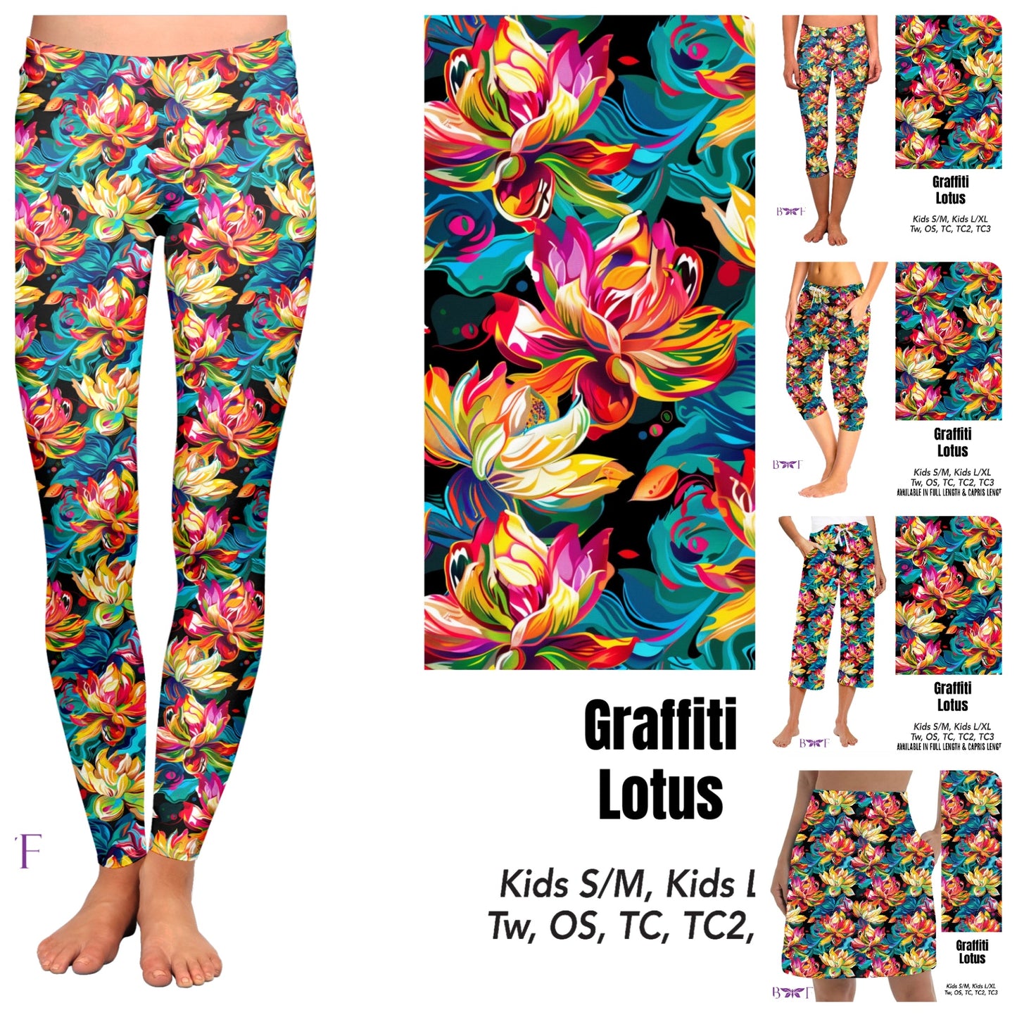 Graffiti Lotus capris and biker shorts with pockets