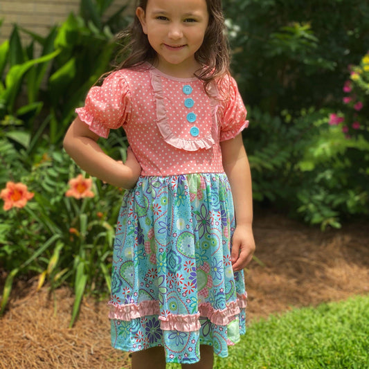 Pretty in Paisley Coral & Blue Ruffle Trim Dress