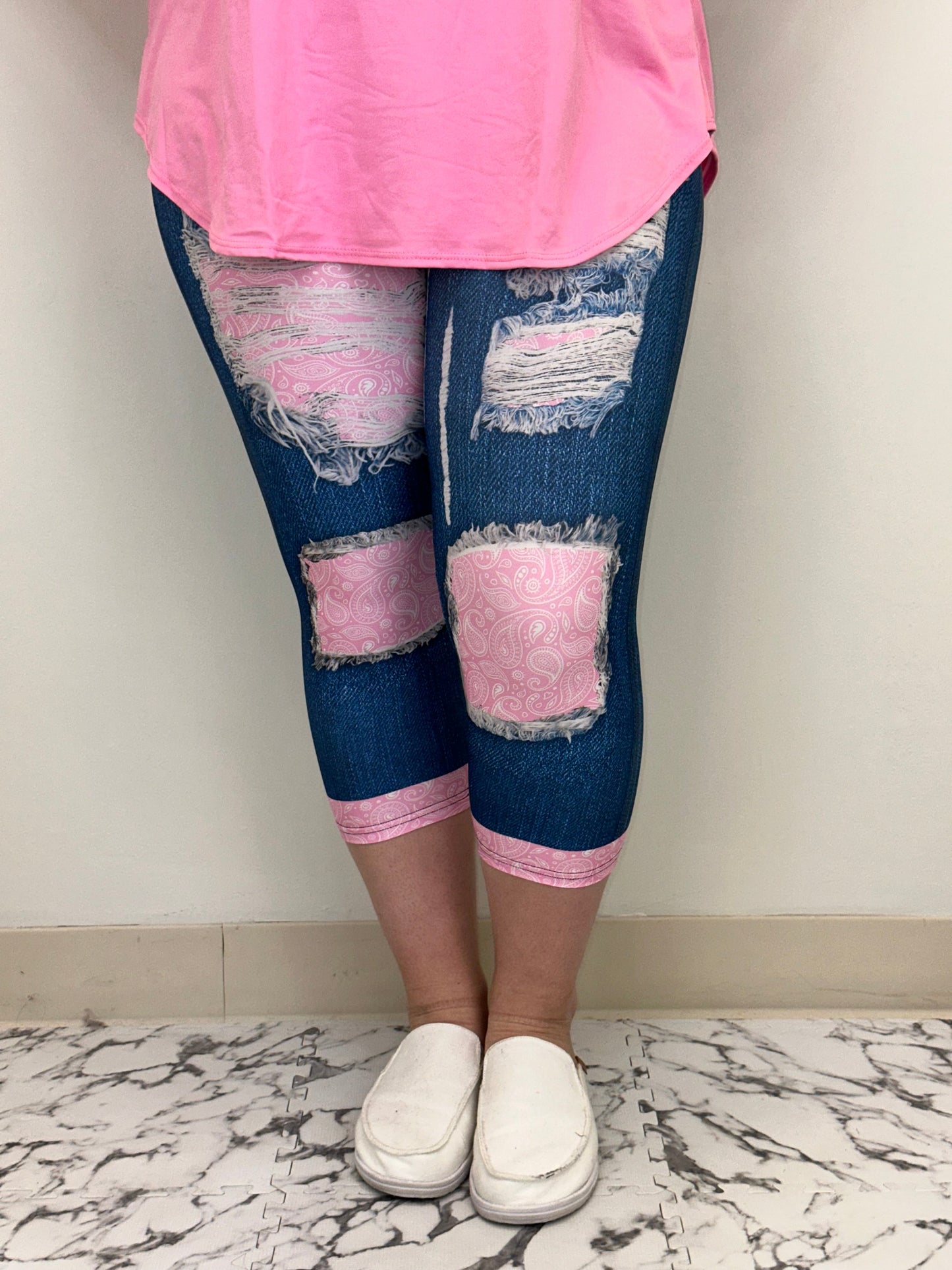 Pink Paisley Denim Capri w/ Pockets