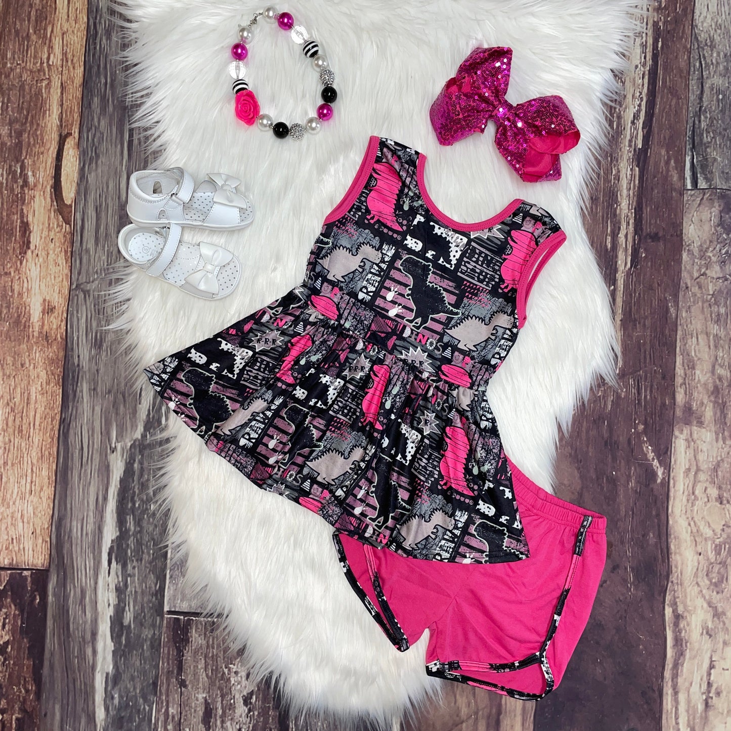 Neon Dinosaur Printed Peplum and Shorties Set