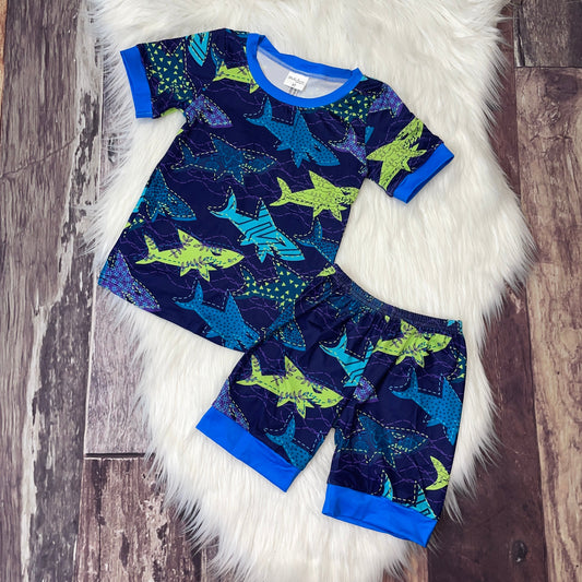 Shark Print Top & Shorts Pajama Set