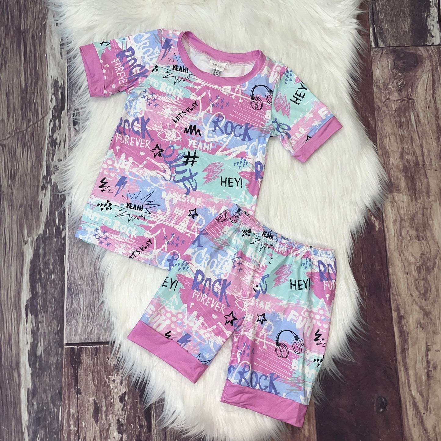 Rock Print Top & Shorts Pajama Set