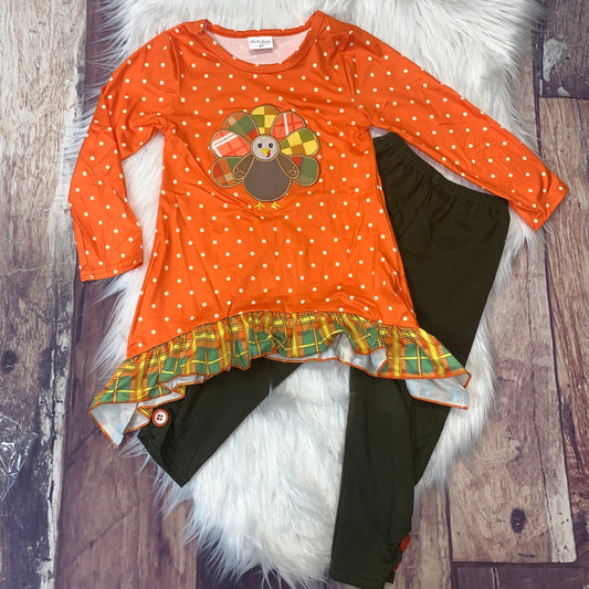 Orange Polkadot Embroidered Thanksgiving Turkey High Low Tunic Set