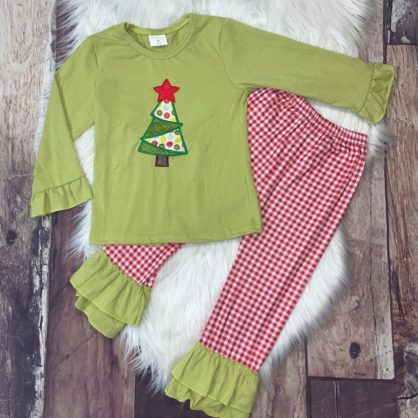 Embroidered Christmas Tree Star Girl's Top & Pants Set