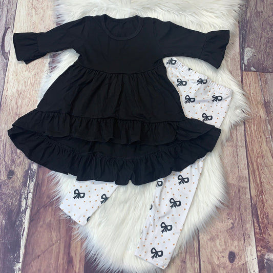 Black Knit Cotton High Low Top & Bows/Polkadot Leggings Set