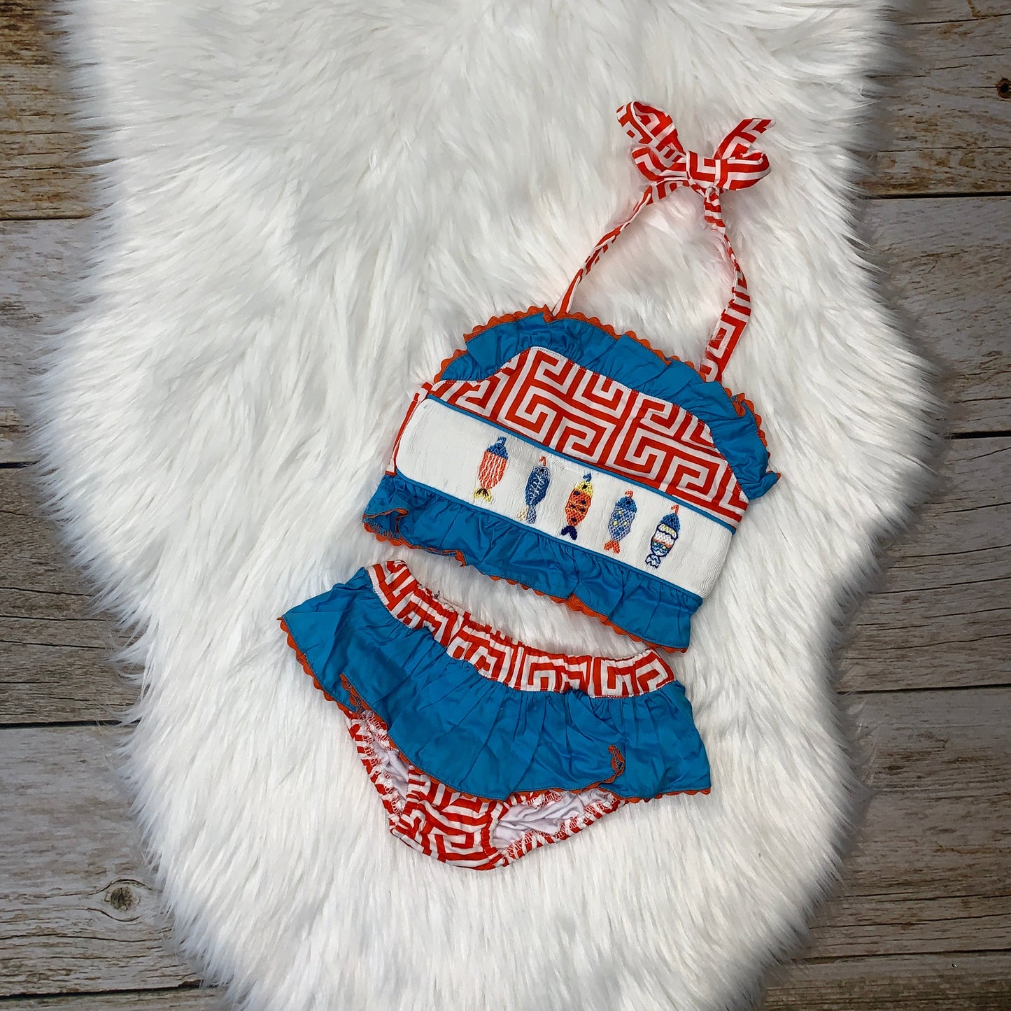 Babeeni Orange & Blue Girl's Colorful Fish Smock Swimwear