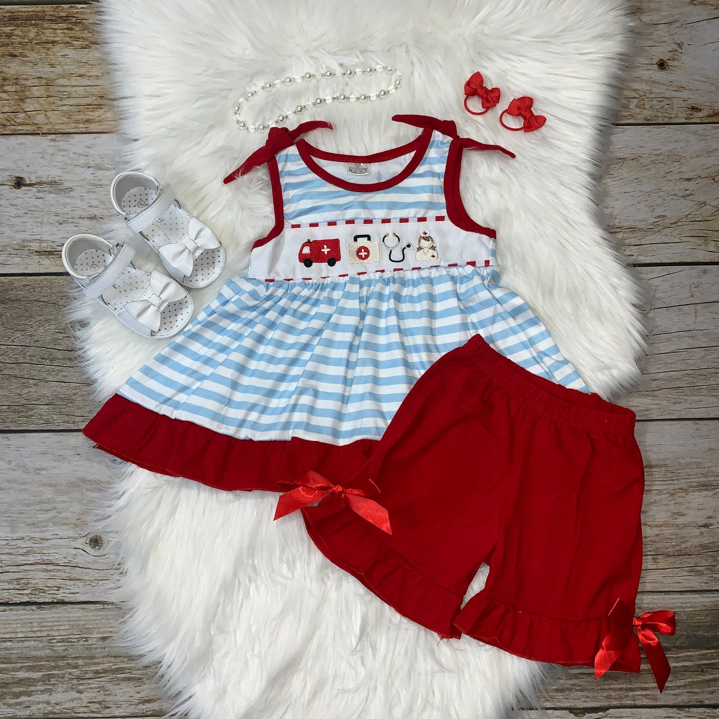 Red & Blue Stripe Embroidered Medical Tunic and Short Set