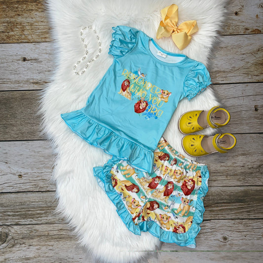 Aqua Blue "Remember Who You Are" Lion Ruffle Tee and Shorts Set