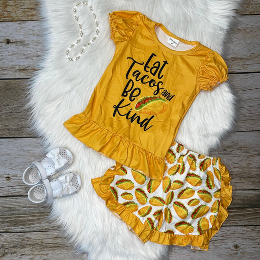 Yellow "Eat Tacos and Be Kind" Ruffle Tee and Shorts Set