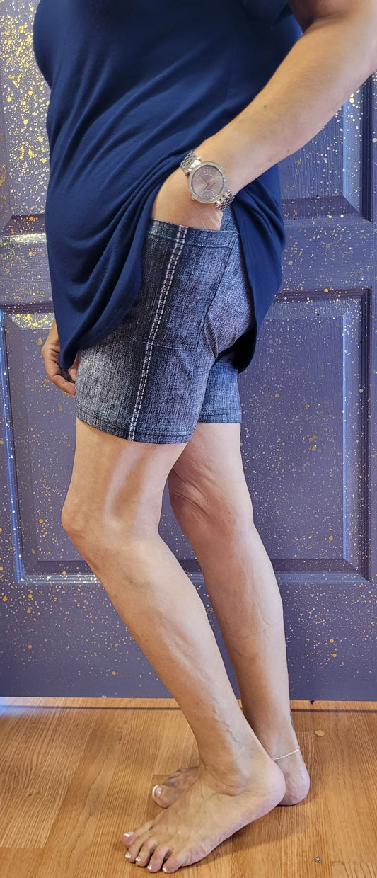 Faux Denim Blue & Black biker shorts