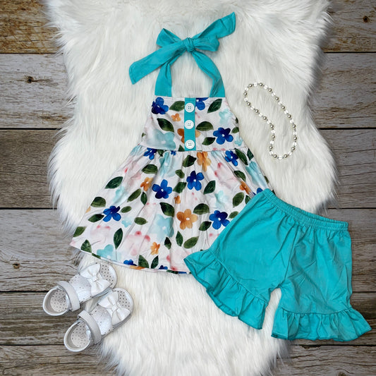 Aqua and Blue Floral Halter Tunic Top and Ruffle Shorts