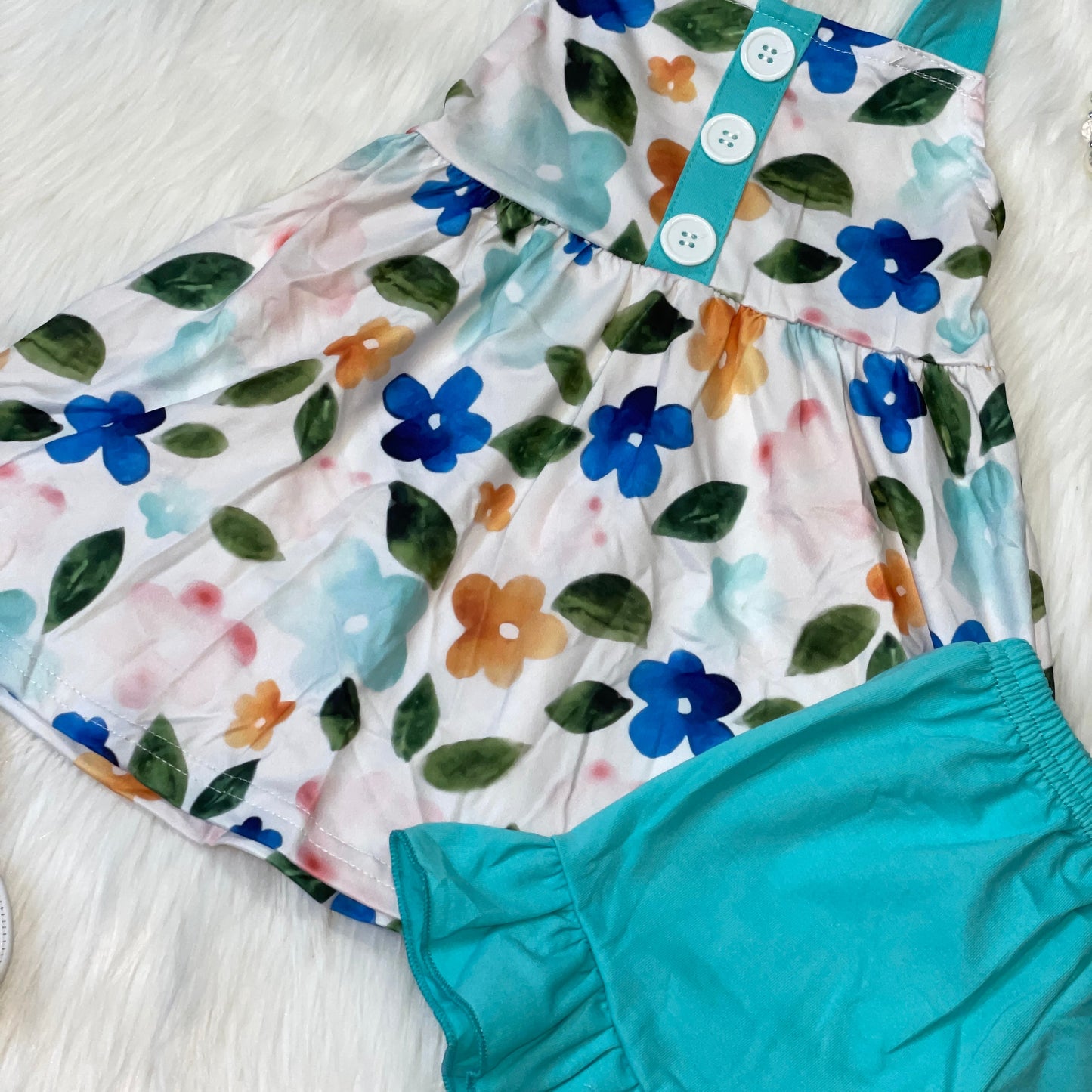 Aqua and Blue Floral Halter Tunic Top and Ruffle Shorts