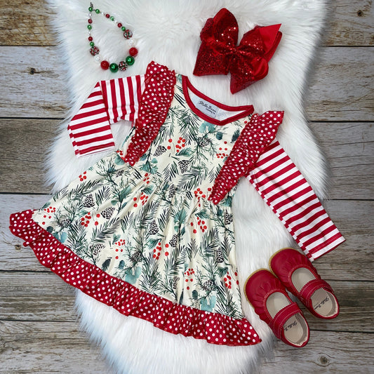 Red & Green Mistletoe Print Long Sleeve Dress