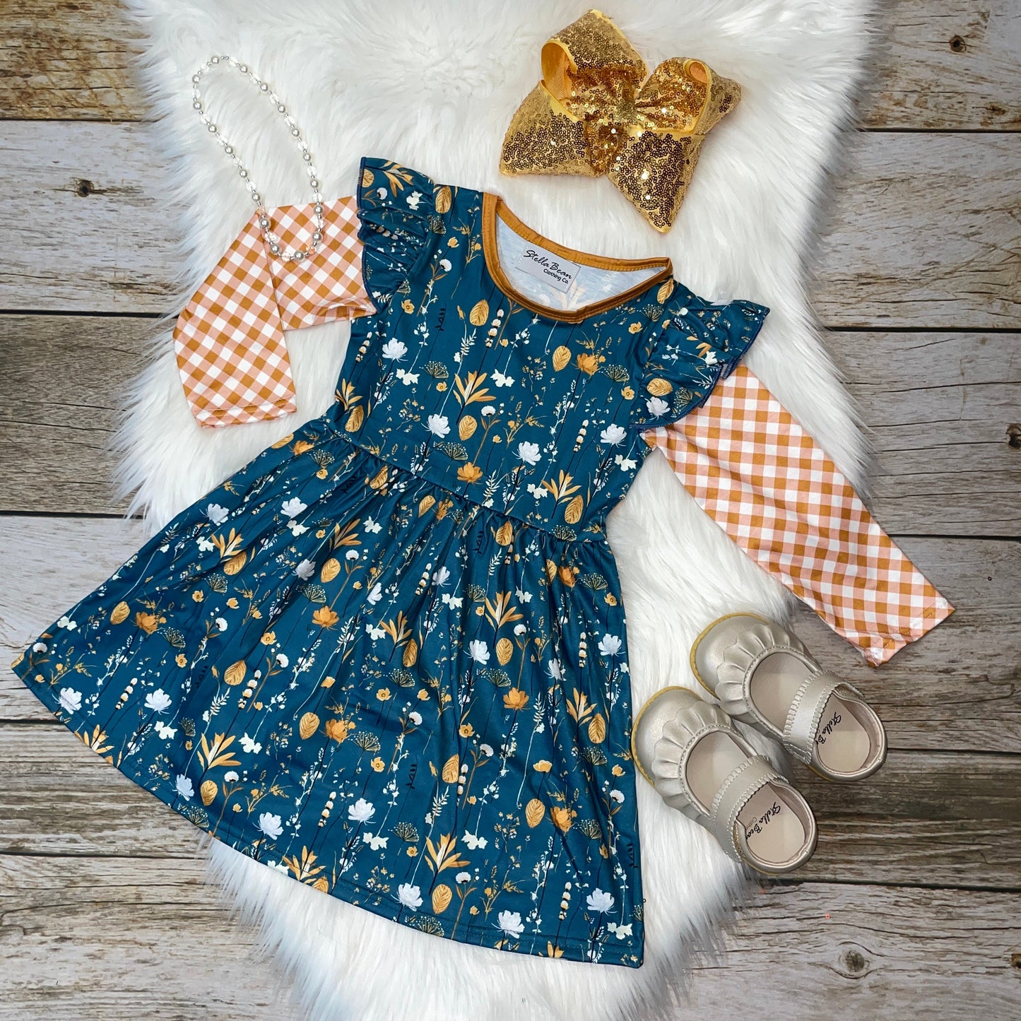 Blue & Gold Floral Long Sleeve Dress