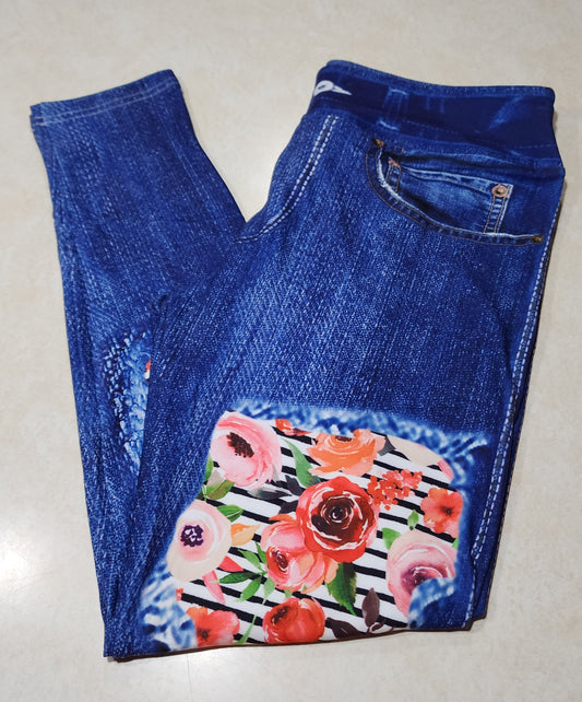 Fall Blooms & Stripes Faux Denim Full Length