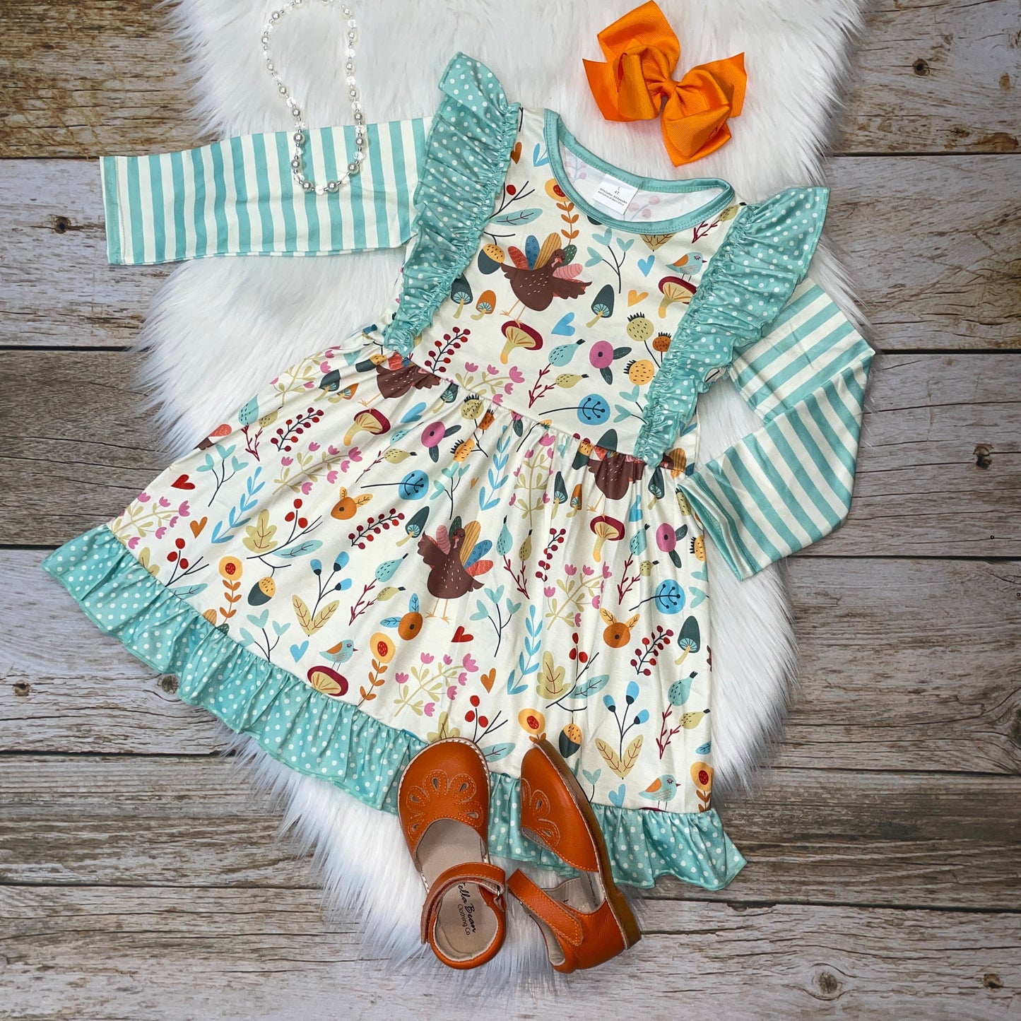 Thanksgiving Turkey Printed Aqua Ruffle Long Sleeve Dress