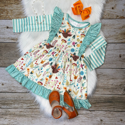 Thanksgiving Turkey Printed Aqua Ruffle Long Sleeve Dress