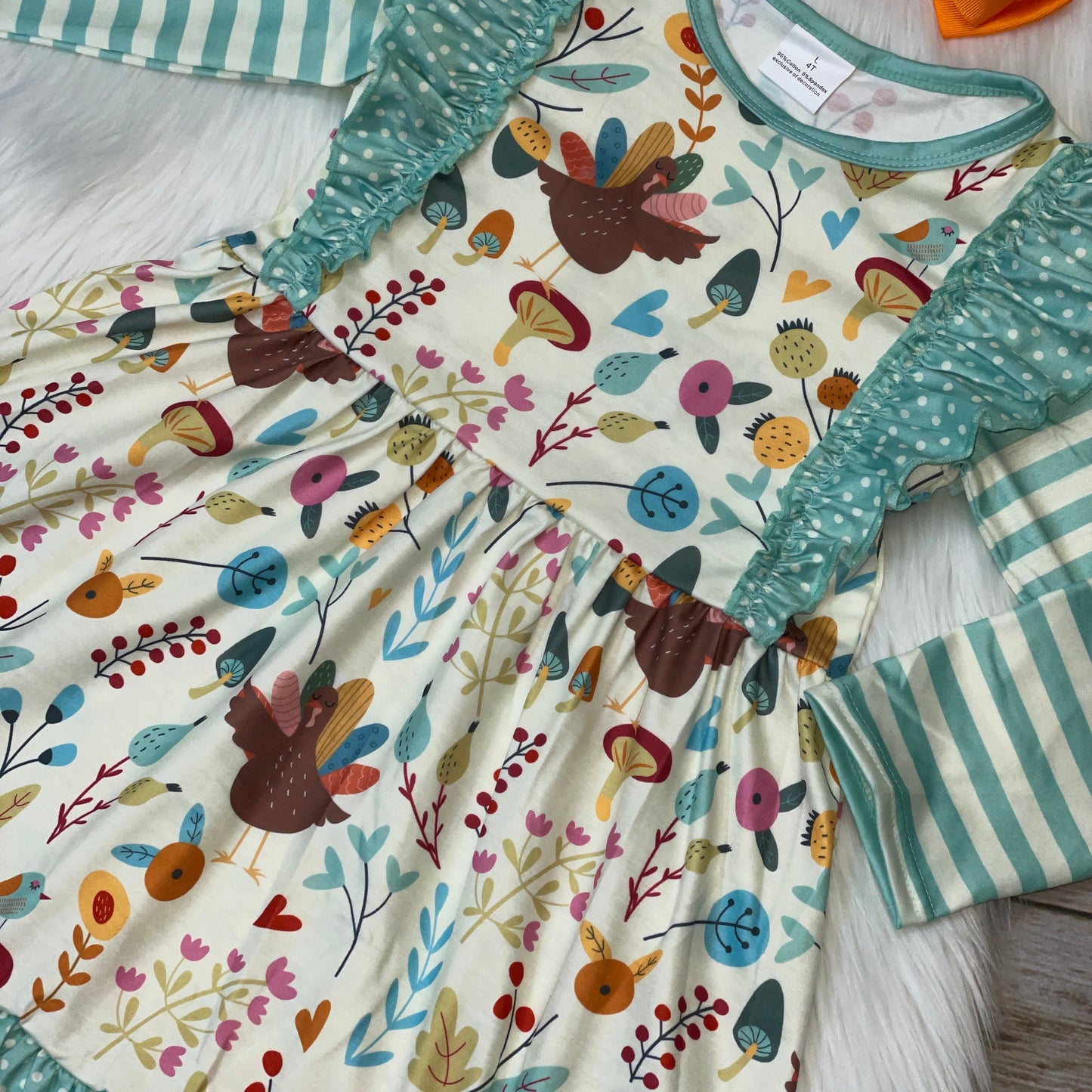 Thanksgiving Turkey Printed Aqua Ruffle Long Sleeve Dress