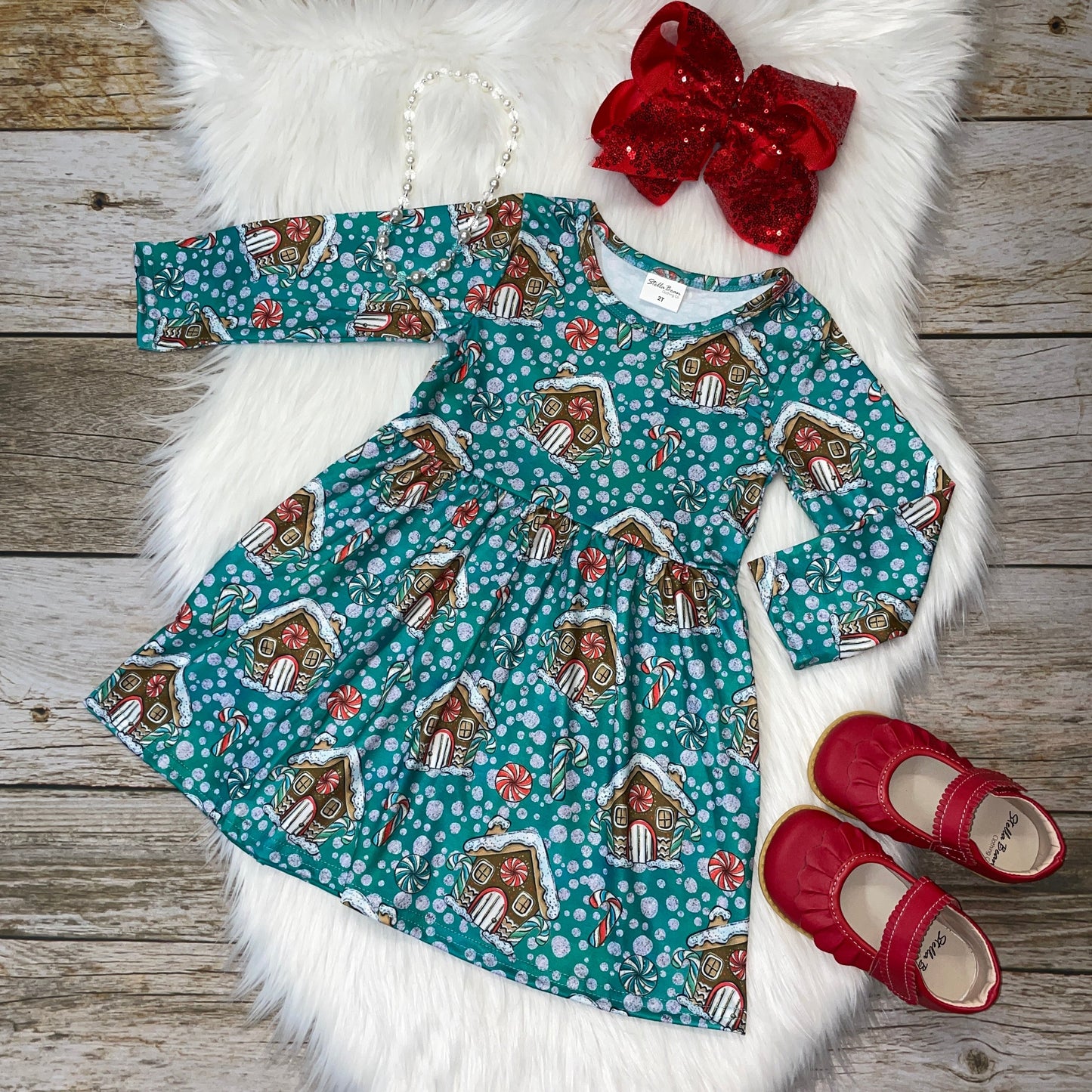 Teal Gingerbread House & Peppermints Printed Long Sleeve Dress