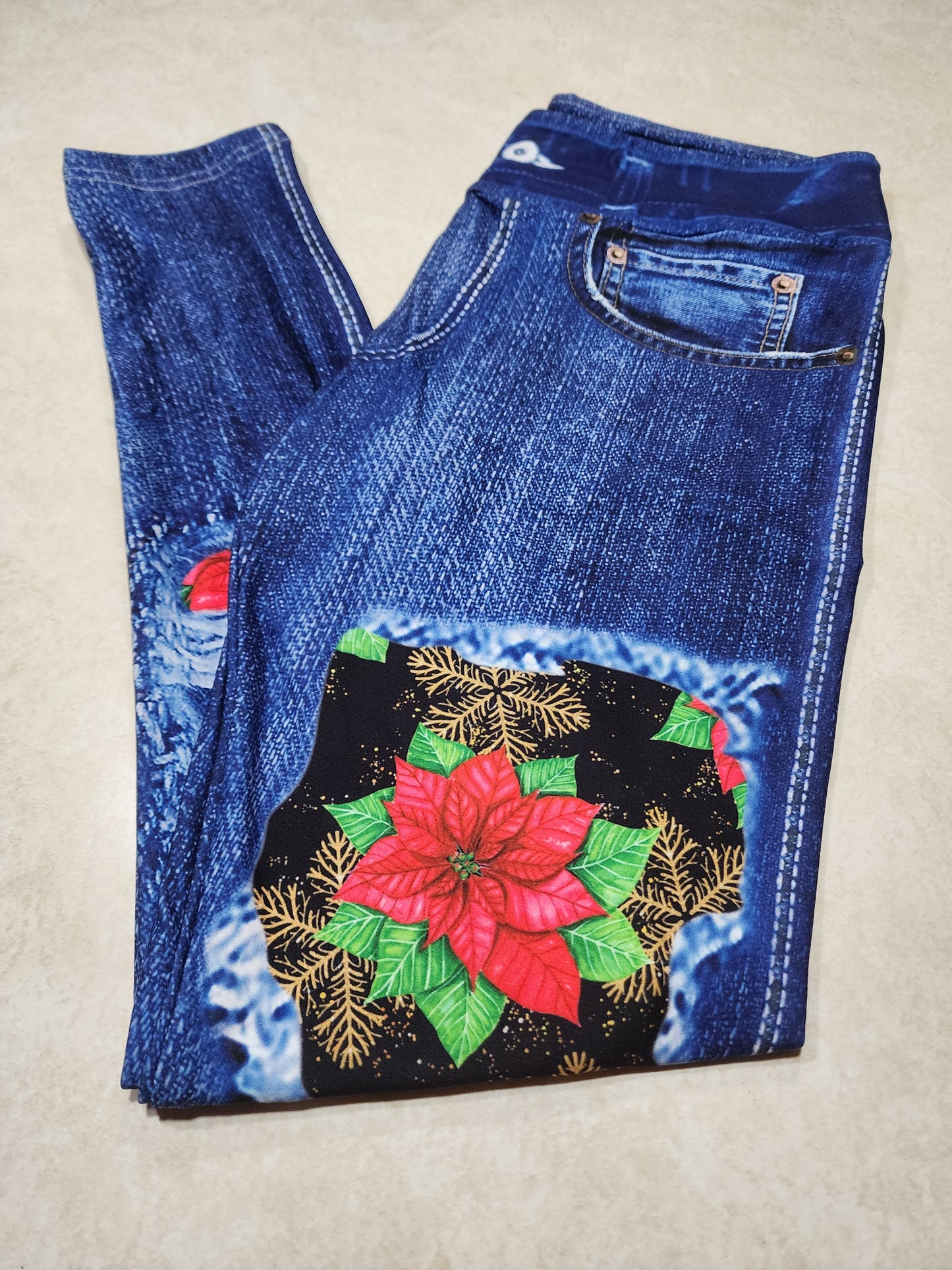 Pointsettias & Glitter Flakes Faux Denim Full Length