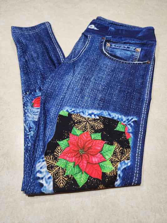 Pointsettias & Glitter Flakes Faux Denim Full Length