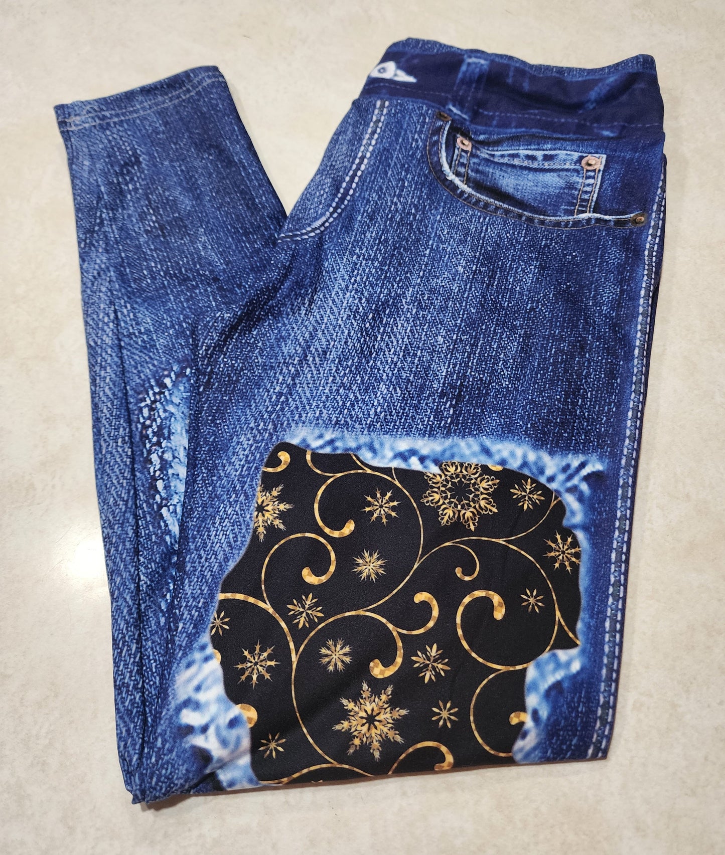 Glitter Snow Swirl Faux Denim Full Length