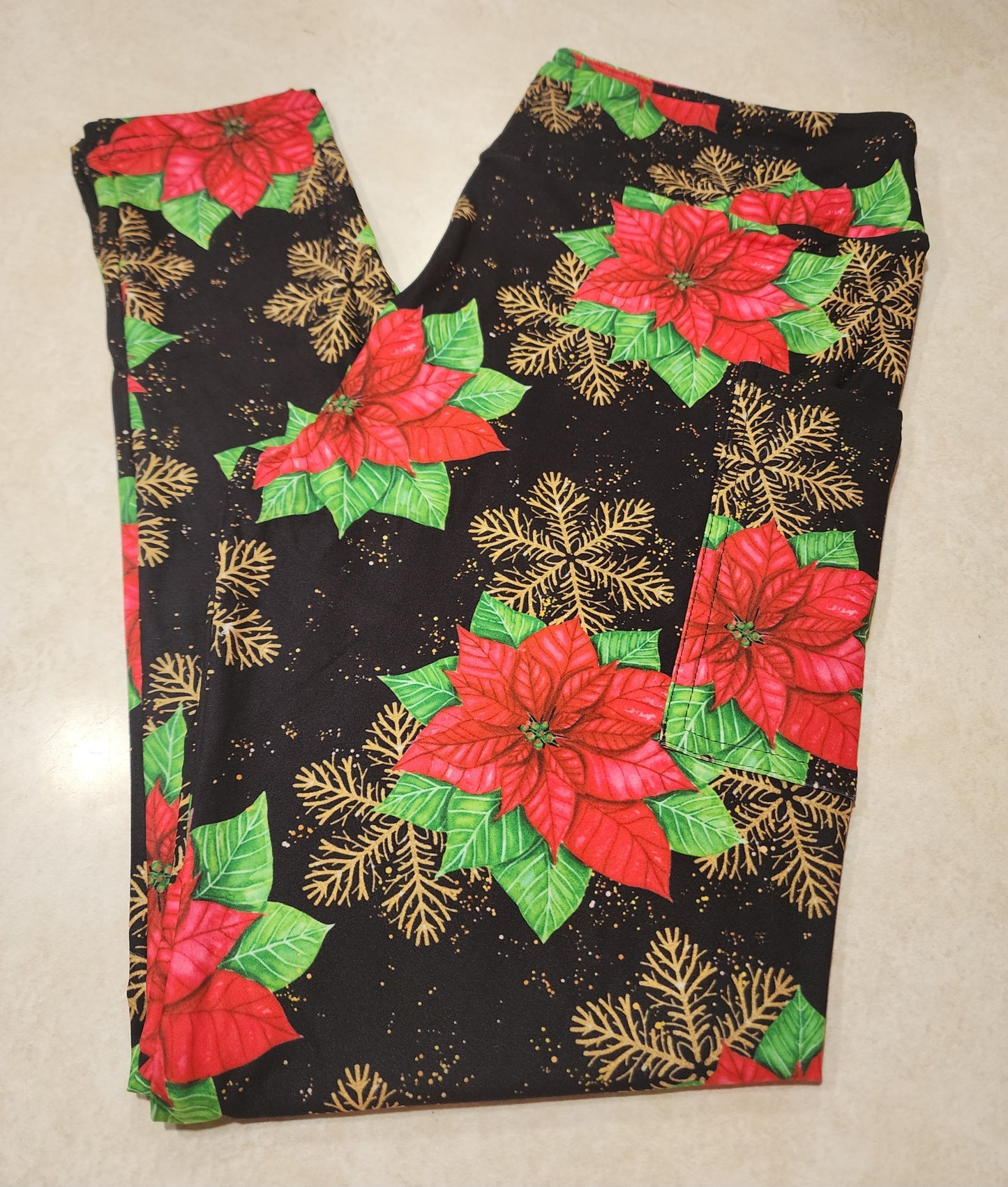 Poinsettias & Golden Flakes Full Length Leggings w/ Pockets