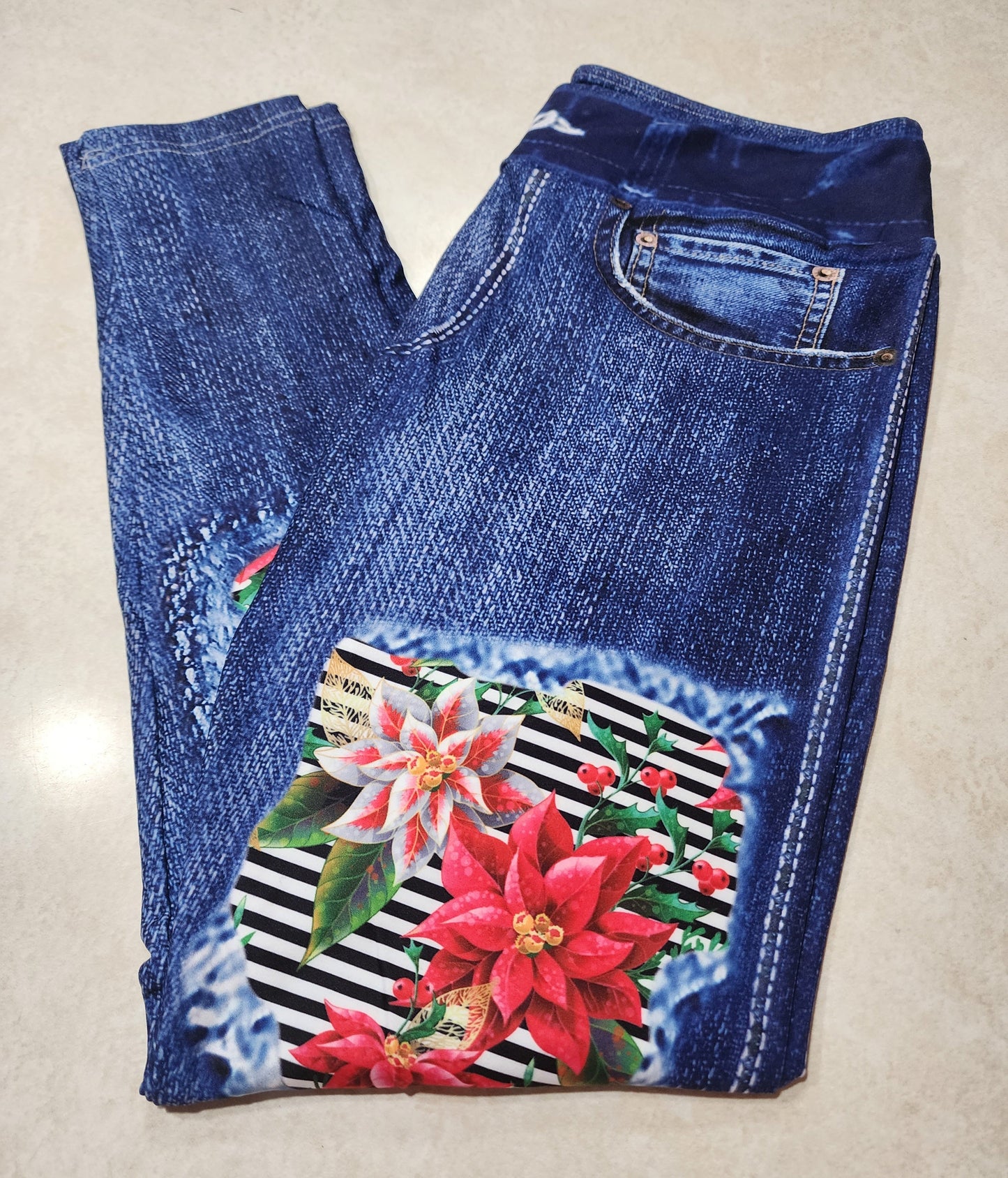 Poinsettia Stripes Faux Denim Full Length