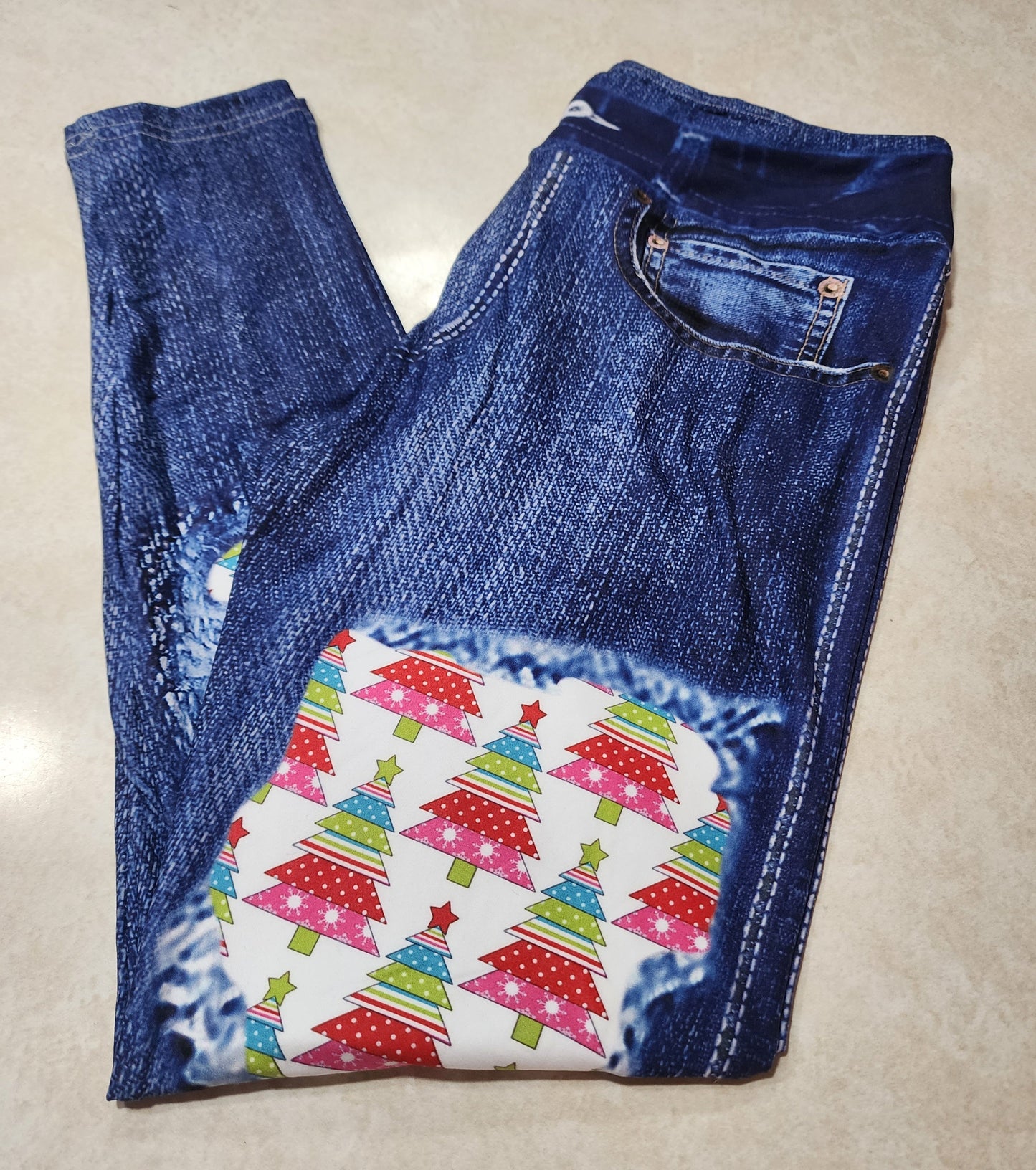 Patchwork Trees Faux Denim Full Length