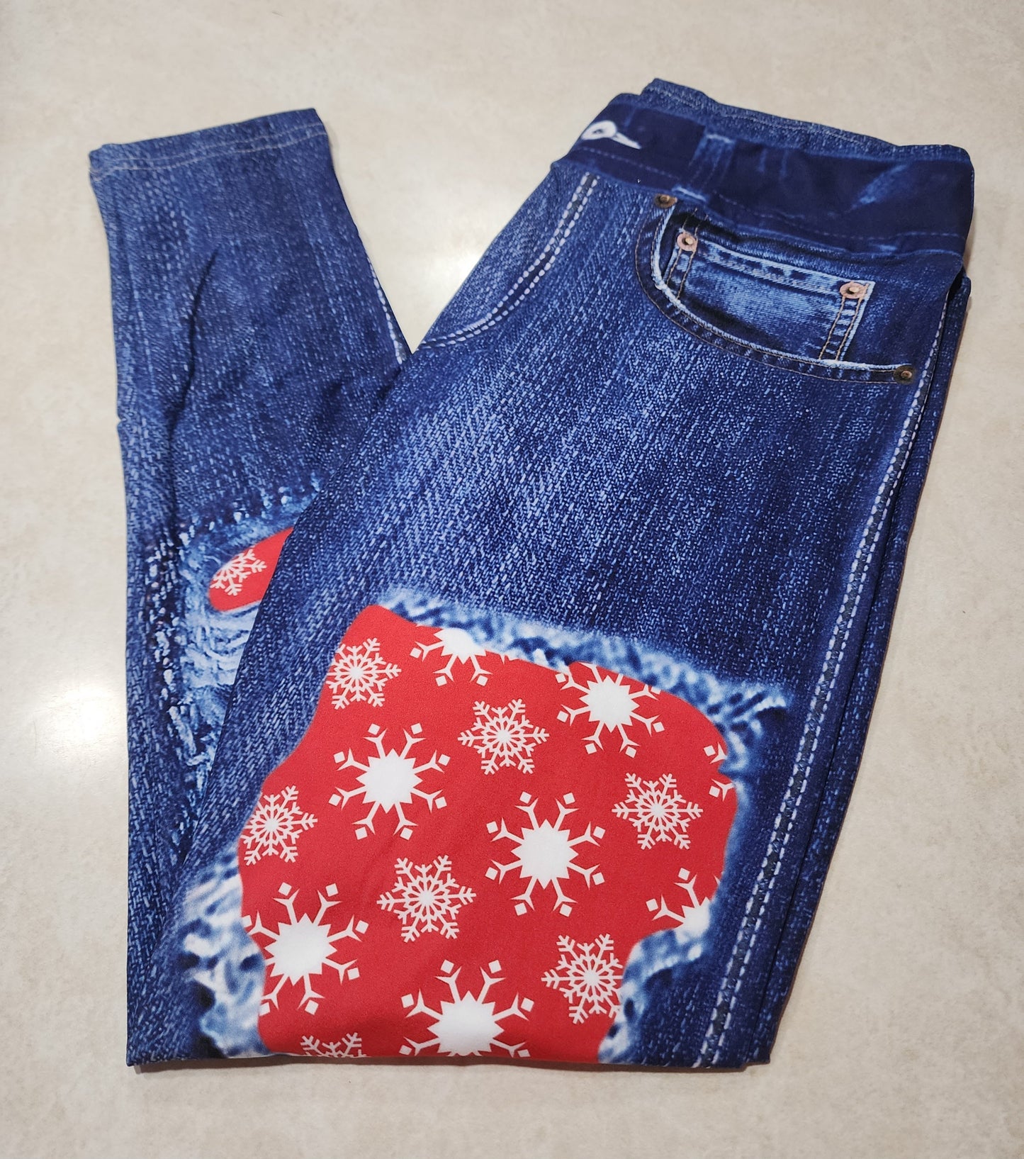 Red Snow Dots Faux Denim Full Length