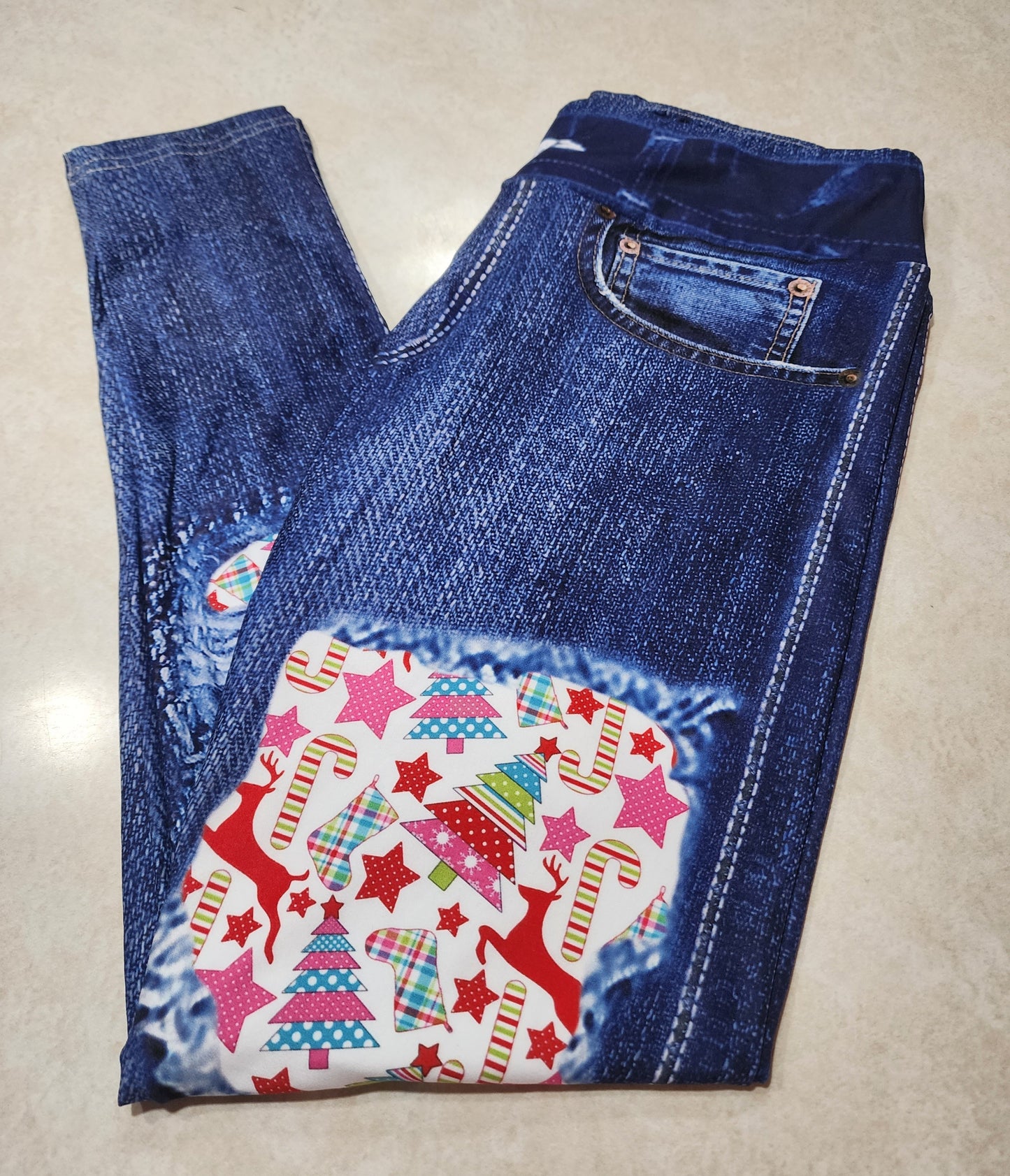 Patchwork Trees & Deer Faux Denim Full Length