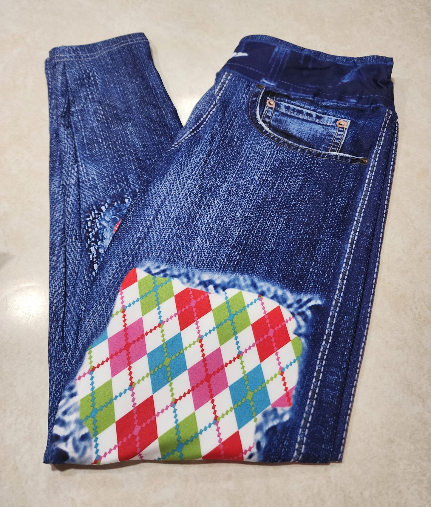 Whimsical Argyle Faux Denim Full Length