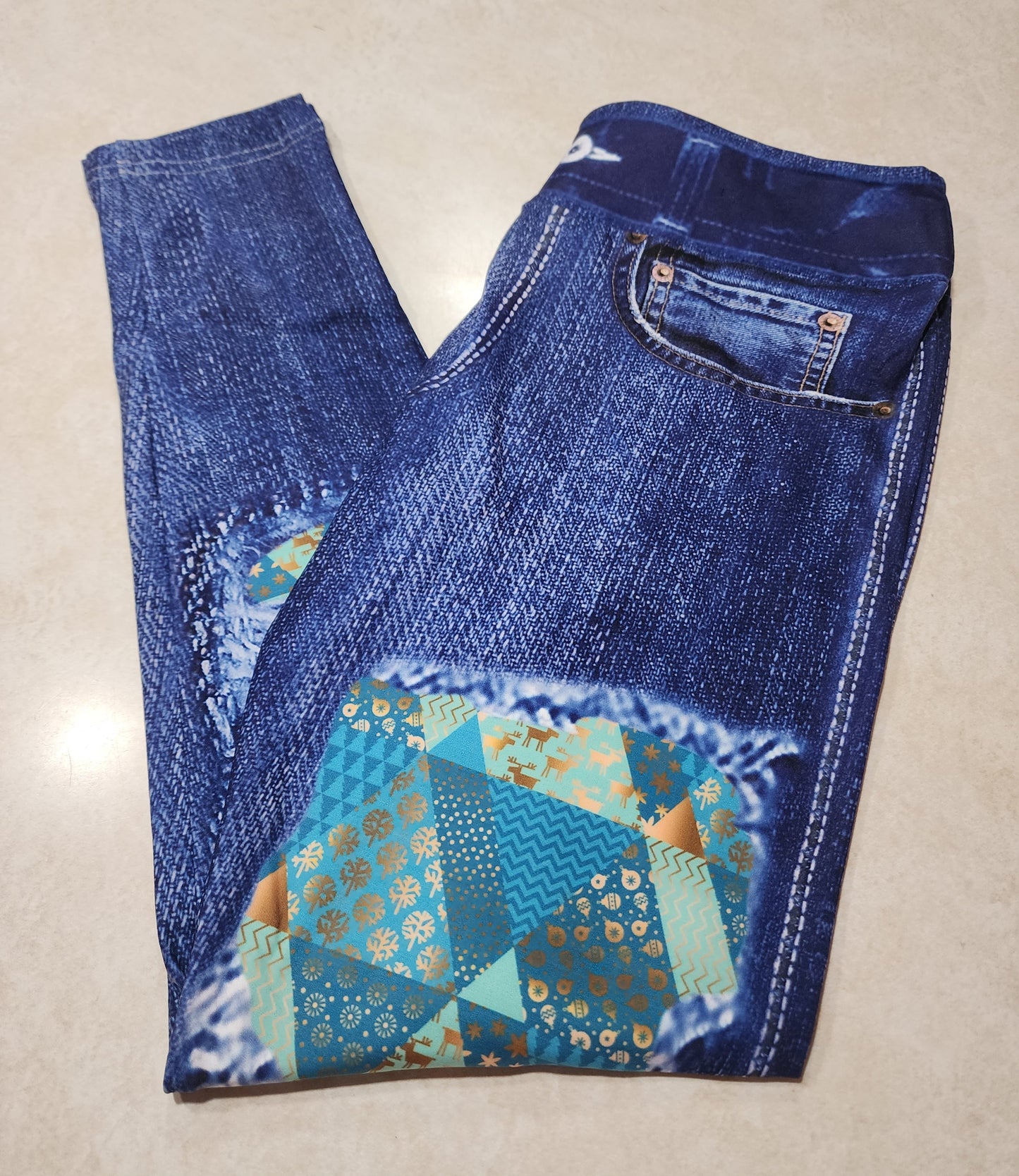 Turquoise & Gold Stamps Faux Denim Full Length