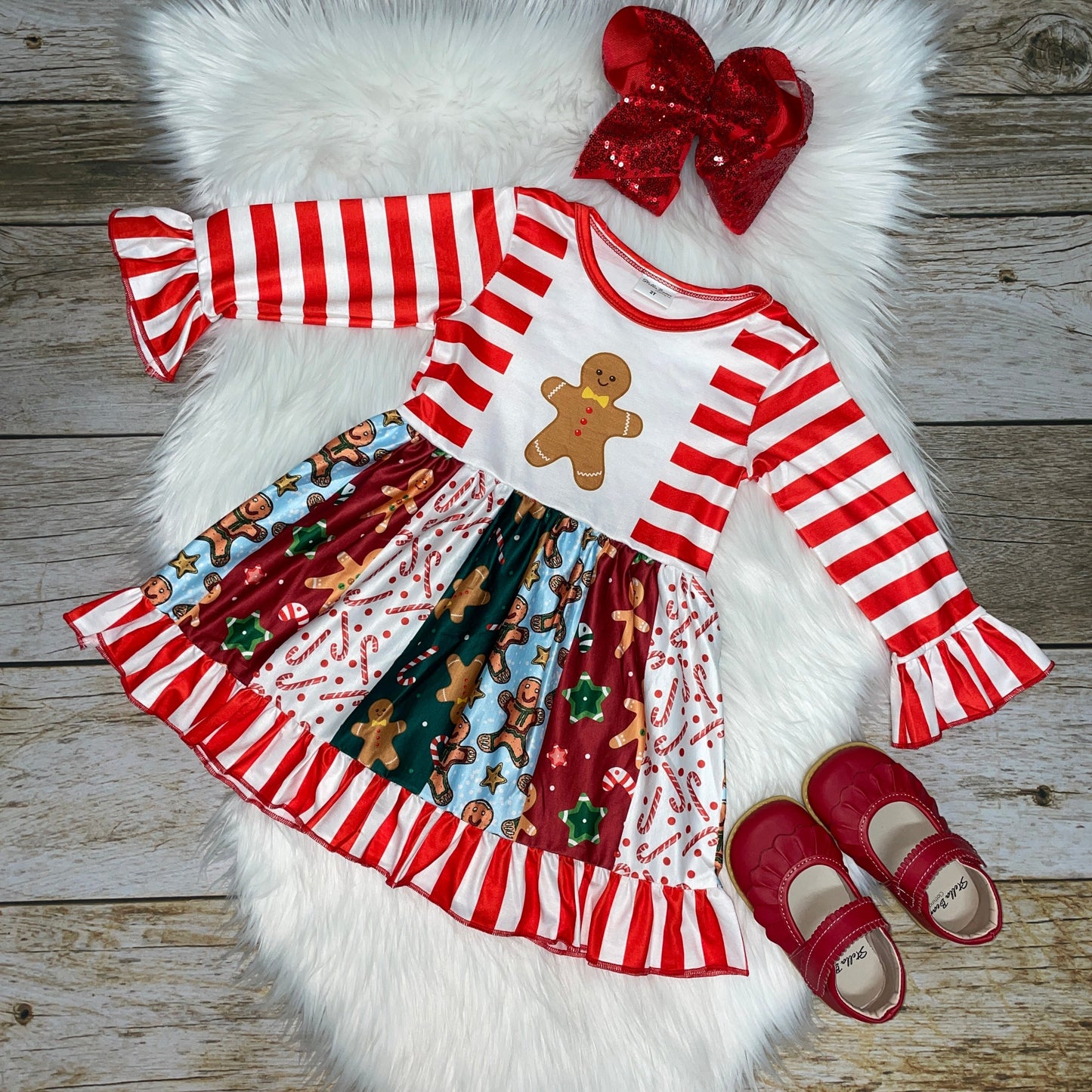 Red & White Gingerbread Cookie Panel Long Sleeve Dress