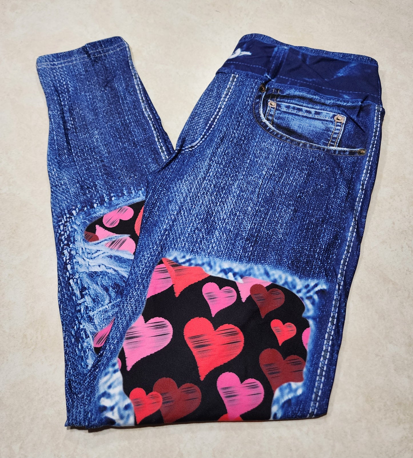 Sketched Hearts Faux Denim Full Length