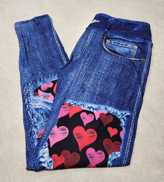 Sketched Hearts Faux Denim Full Length