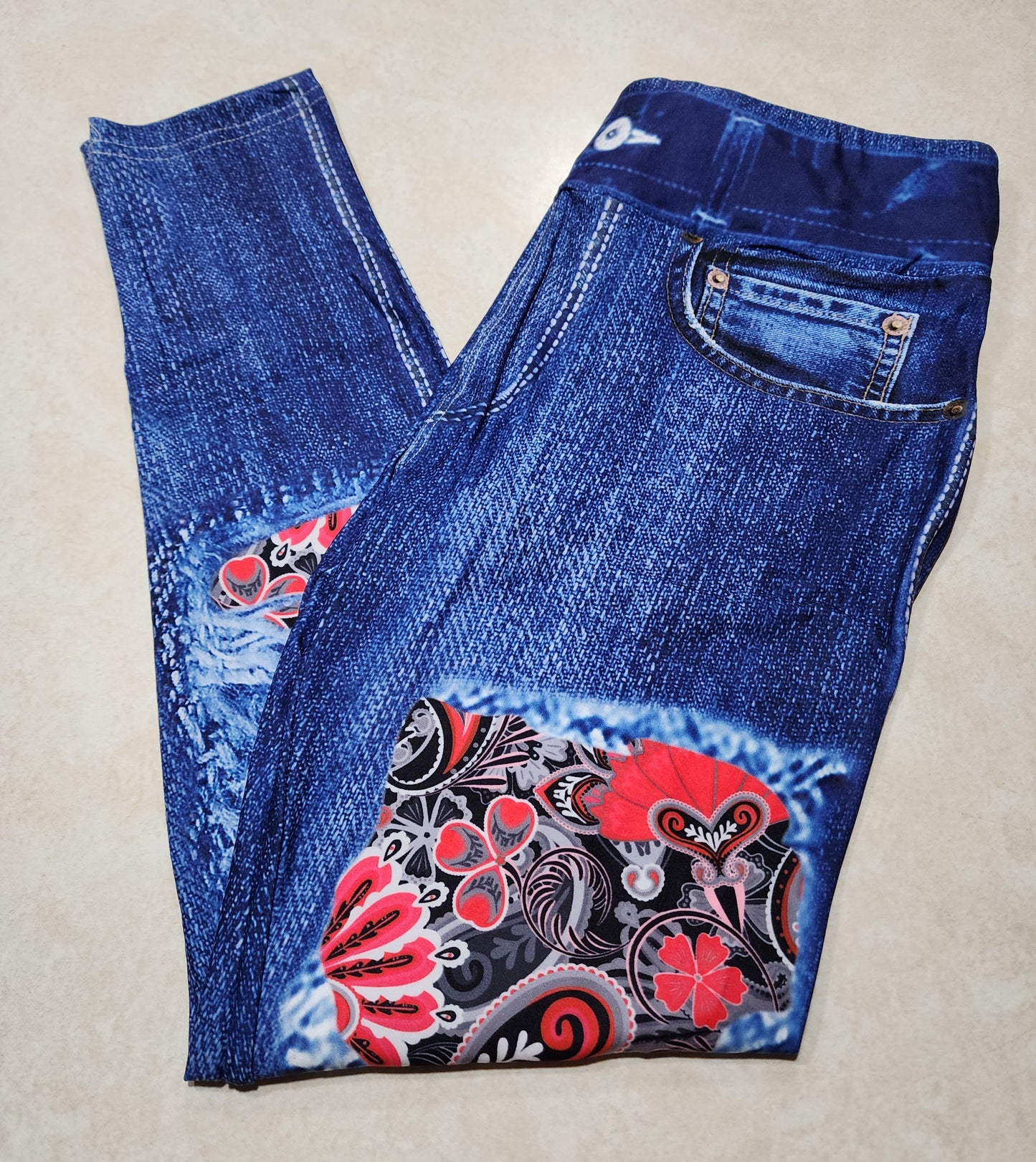 Red Romance Paisley Faux Denim Full Length