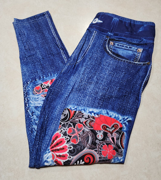 Red Romance Paisley Faux Denim Full Length