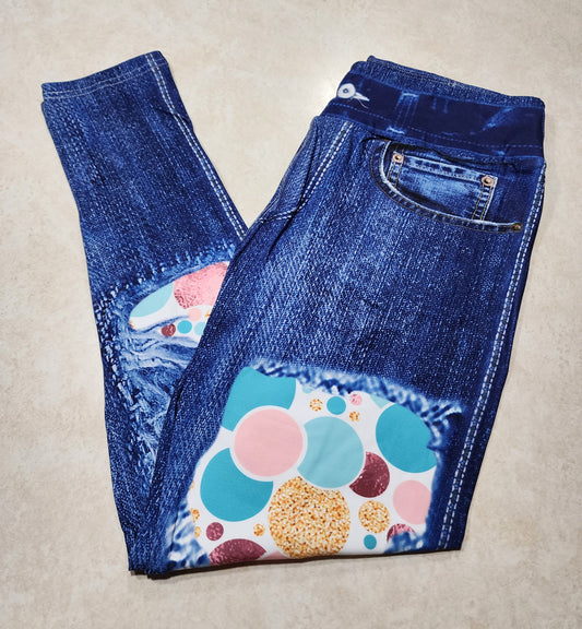 Turquoise Glitter Dot Tie Dye Faux Denim Full Length