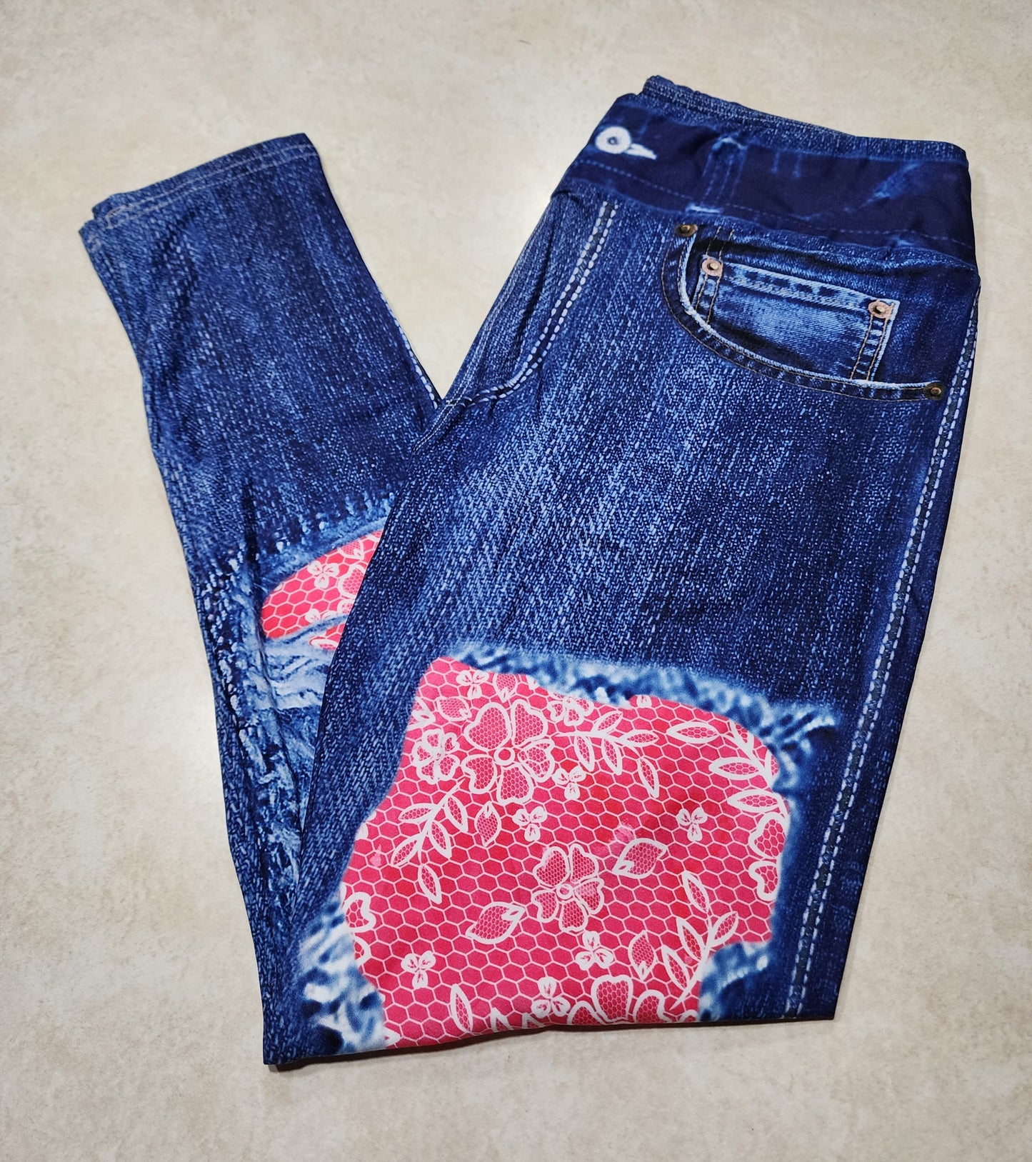 Hot Pink Lace Faux Denim Full Length