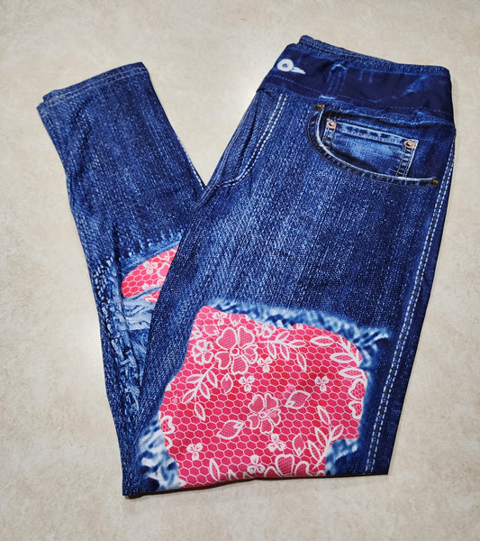 Hot Pink Lace Faux Denim Full Length