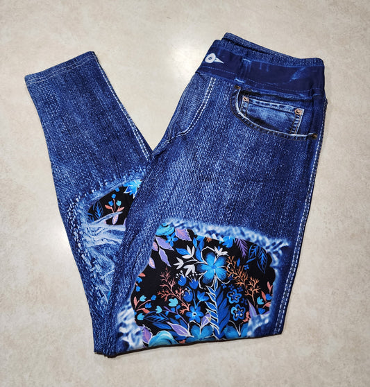 Blue Floral Fantasy Faux Denim Full Length