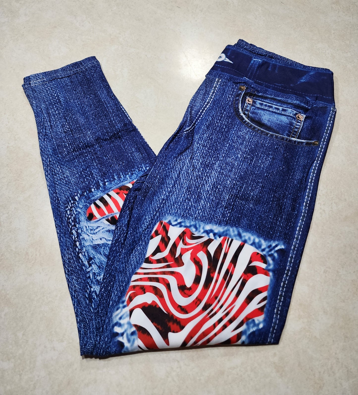 Wild Red Zebra Faux Denim Full Length